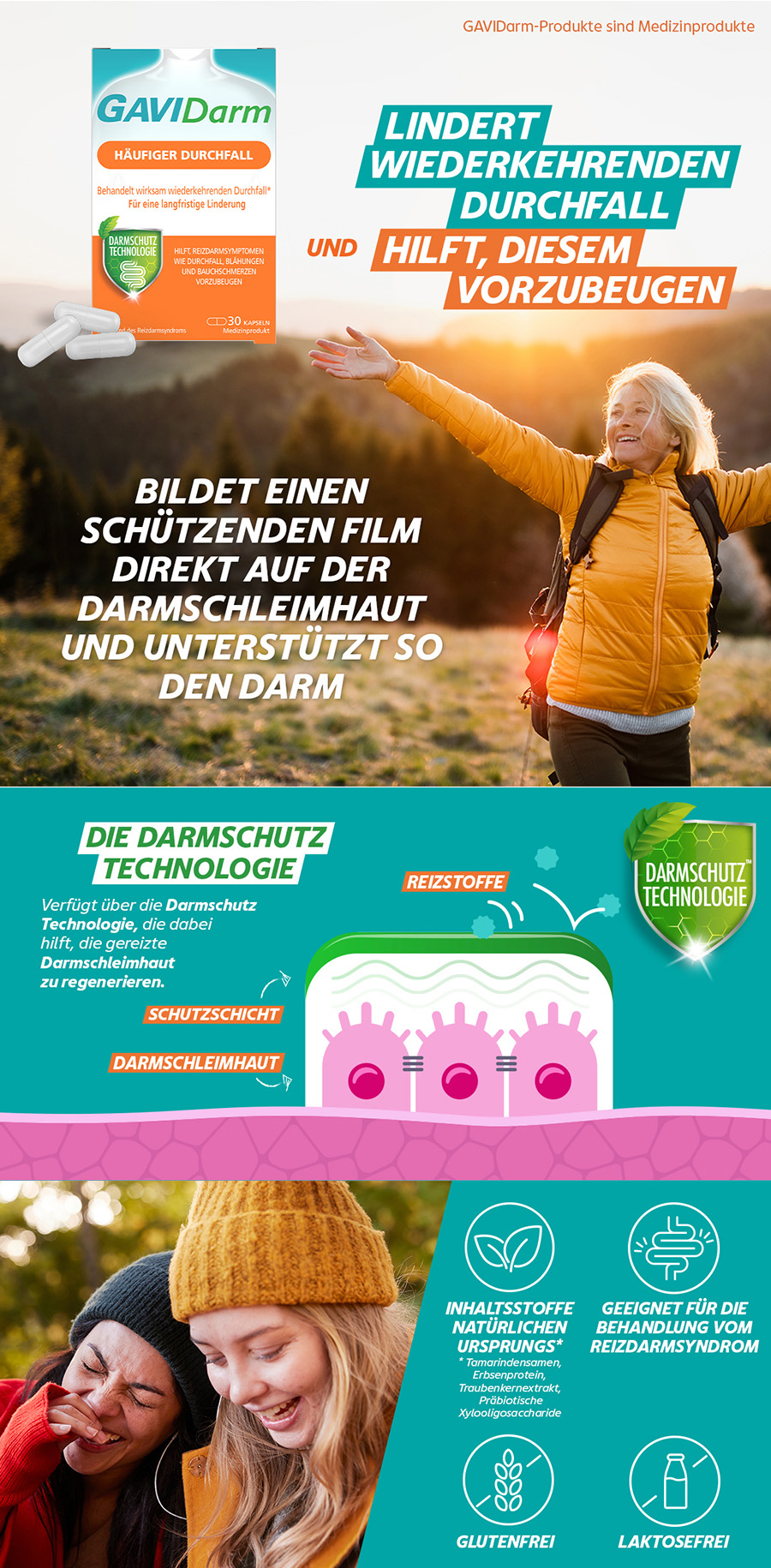 Schachtel mit GAVIDarm Kapseln bei häufigem Durchfall. 30 Kapseln. DarmSchutz Technologie. Medizinprodukt.